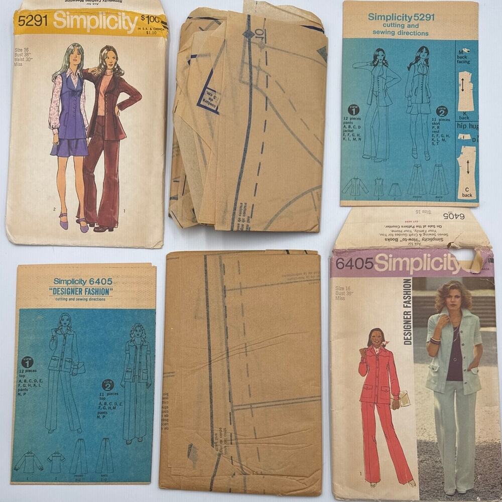 Vintage 70s Simplicity Pant Suit Sewing Patterns Bell Bottom Flare Safari Jacket